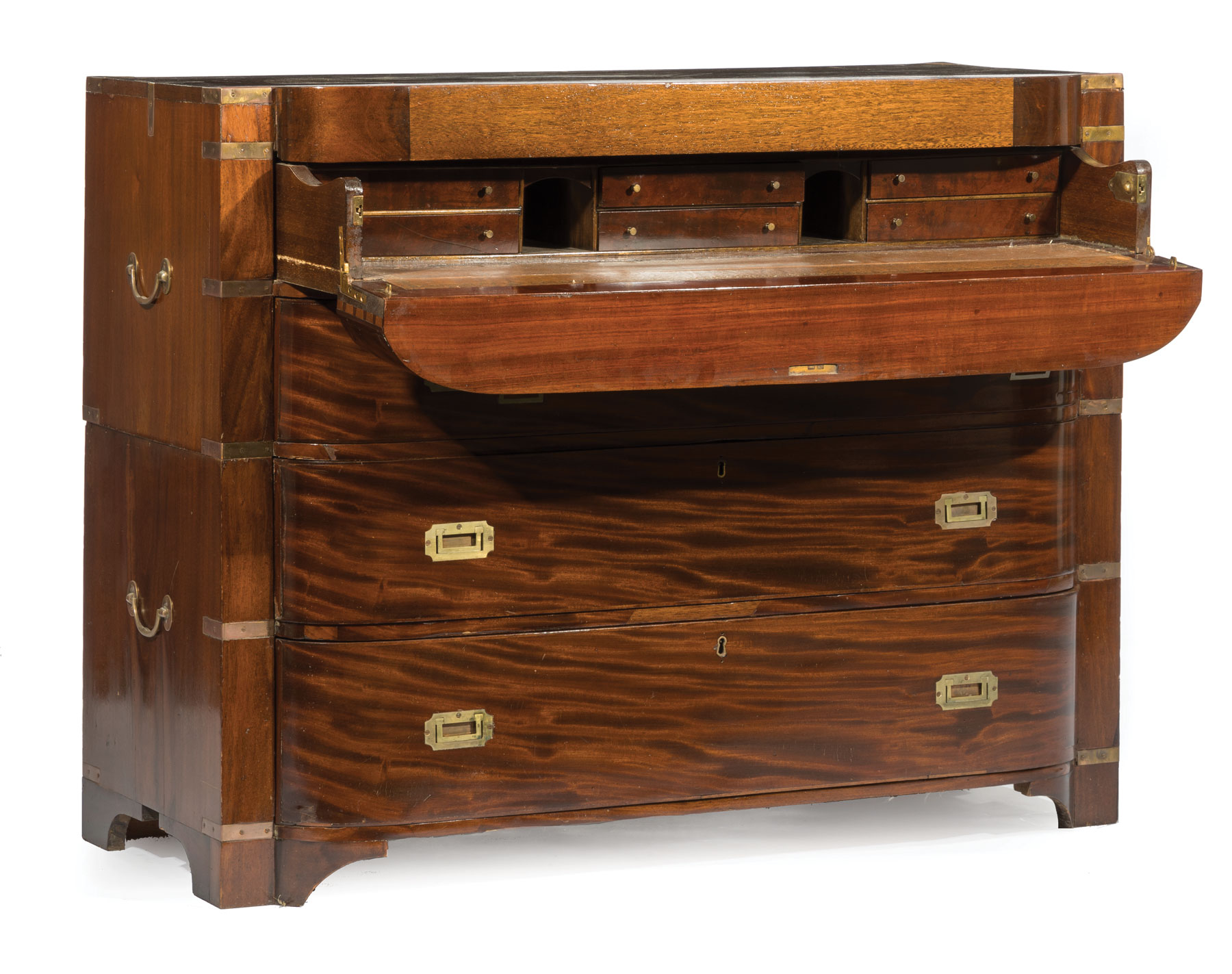 Anglo-Colonial Brass-Mounted Mahogany Bowfront Campaign Chest , 19th c., in two sections, top drawer - Image 2 of 3
