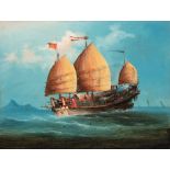 China Trade School, late 19th c ., "Chinese Junk on Open Water", oil on canvas, reverse mounted with