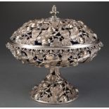 Continental Silverplate Compote and Cover , reticulated fruit, vine and leaf decoration, cobalt