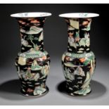 Large Pair of Chinese Famille Noire Porcelain Yen Yen Vases , 20th c., baluster bodies decorated