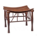 English Oak Thebes Stool , concave slatted seat, spherule corners, spindled stretchered supports,