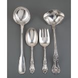 Good Group of Silver Flatware Serving Pieces , incl. Continental silver fiddlethread soup ladle (