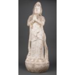 Chinese Marble Figure of Guanyin , carved standing on a lotus pod base with hands raised in
