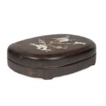 Chinese Inkstone in Mother-of-Pearl Inlaid Hardwood Case , 20th c., inkstone incised on both