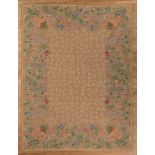 Needlepoint Carpet , central field with light green ferns, floral border, 9 ft. x 11 ft. 12 in