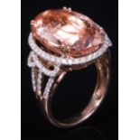 14 kt. Rose Gold, Morganite and Diamond Cocktail Ring , center prong set oval mixed cut morganite,