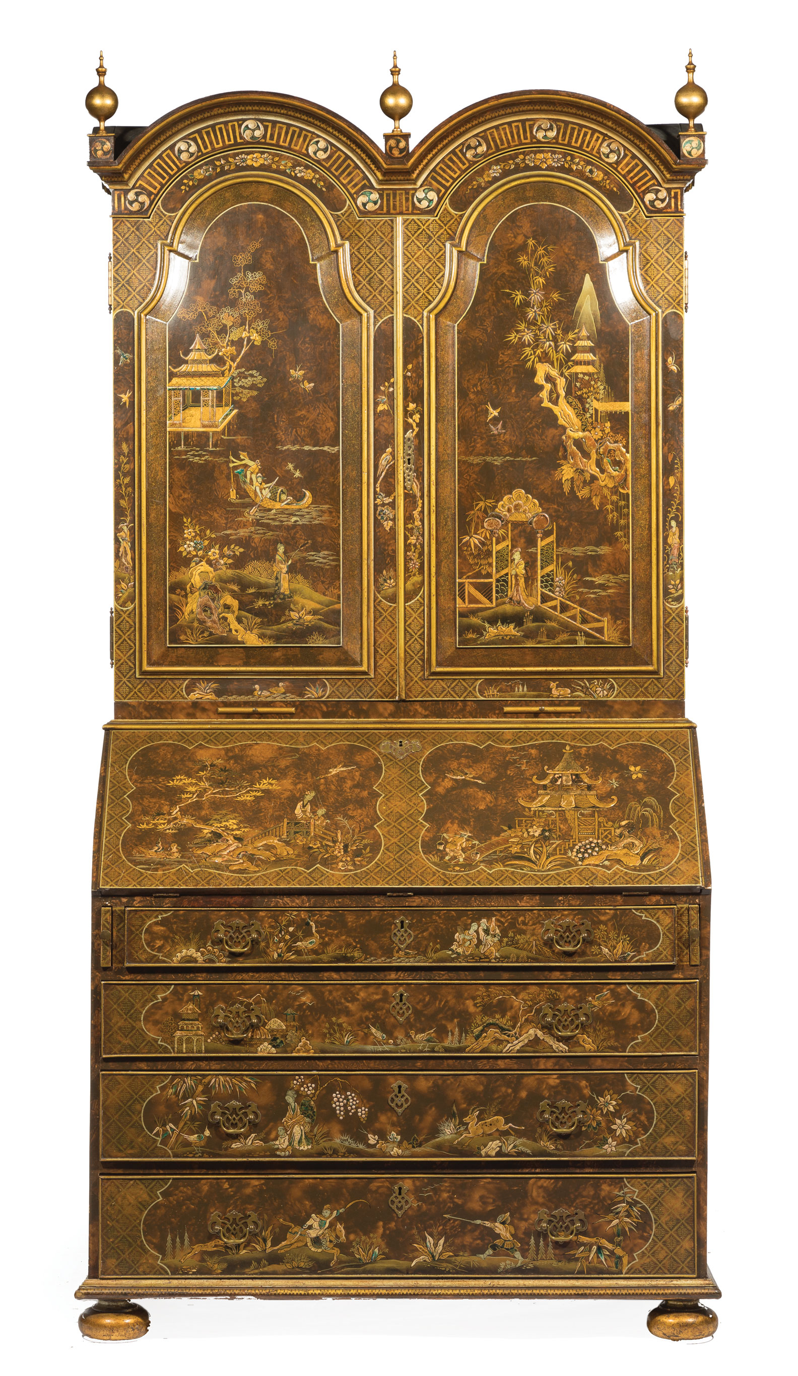 Georgian-Style Chinoiserie Secretary Bookcase , upper case with double dome crest and finials, - Image 2 of 6