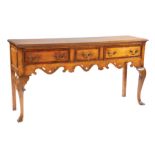 Queen Anne-Style Oak and Inlaid Dresser Base , three drawers, shaped pierced apron, cabriole legs,