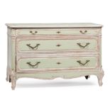 Louis XV-Style Paint-Decorated Commode , molded top, frieze drawer over two long drawers, foliate