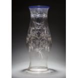 Hurricane Shade with Cobalt Folded Upper Rim , engraved floral design, folded lower rim, h. 23 1/2