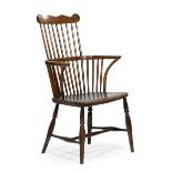 English Comb-Back Elm Windsor Chair , spindled supports, plank seat, bulbous stretchers, ring turned