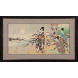 Toyohara Chikanobu (Japanese, 1838-1912), woodblock print triptych featuring a beauty with