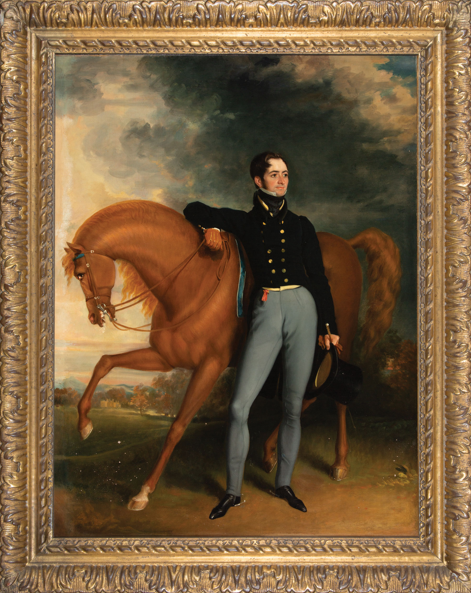 British School, 19th c ., "Portrait of a Gentleman with Horse", oil on canvas, unsigned, 35 in. x - Image 2 of 3
