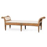 Continental Neoclassical Paint-Decorated Bench , 19th c., out-scrolled arms, wave incised frame,