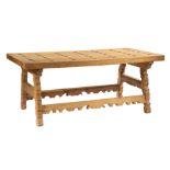 Mexican Carved Pine Refectory Table , stamped "Hecho en Mexico", plank top with wrought iron