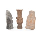 Three Pre-Columbian Pottery Figures , incl. female figural rattle, Maya; black clay figure; and