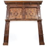 Tudor Carved Oak Fireplace Breast and Mantel Element , 17th c., composed of a dentil molded