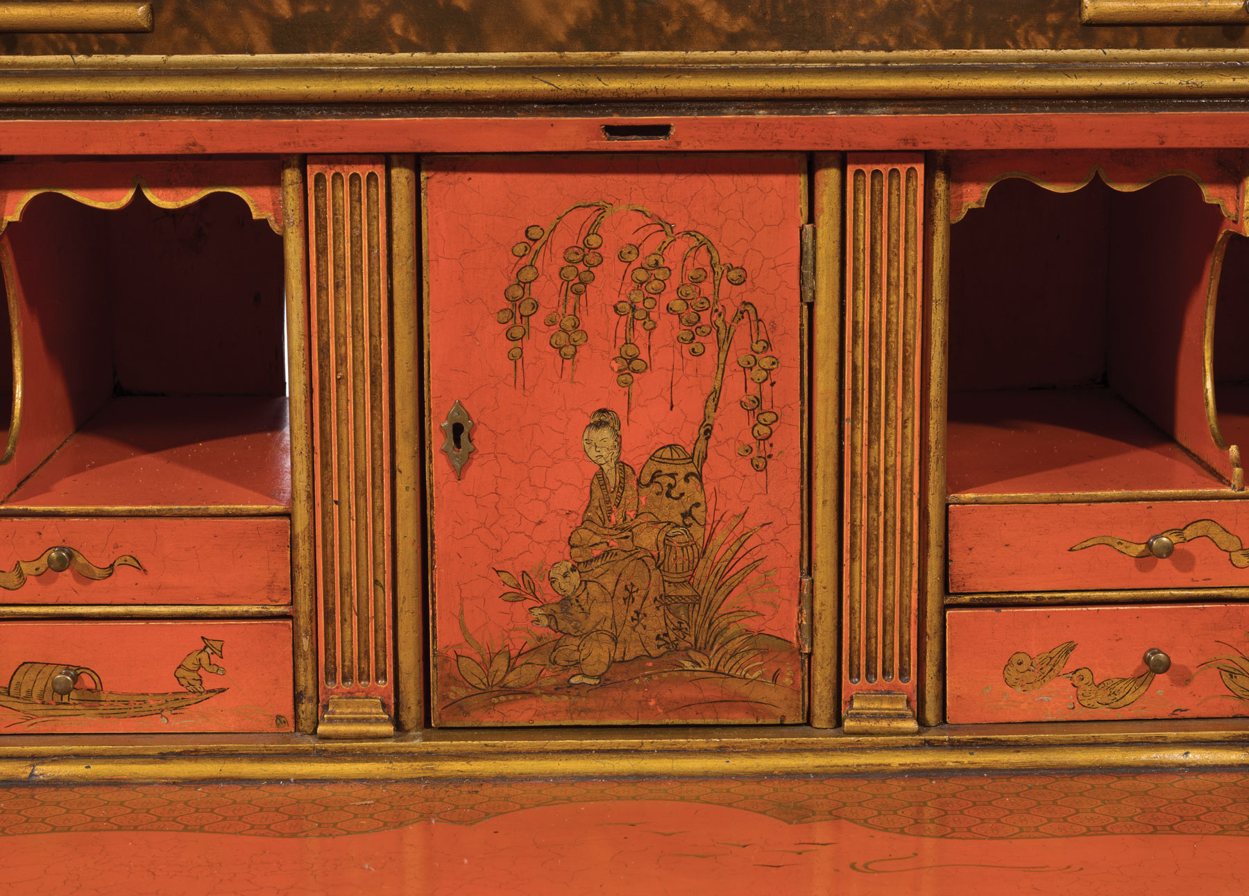 Georgian-Style Chinoiserie Secretary Bookcase , upper case with double dome crest and finials, - Image 4 of 6