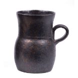 George Ohr Art Pottery Mug , loop handle, bronze metallic glaze, with black spattering, cursive