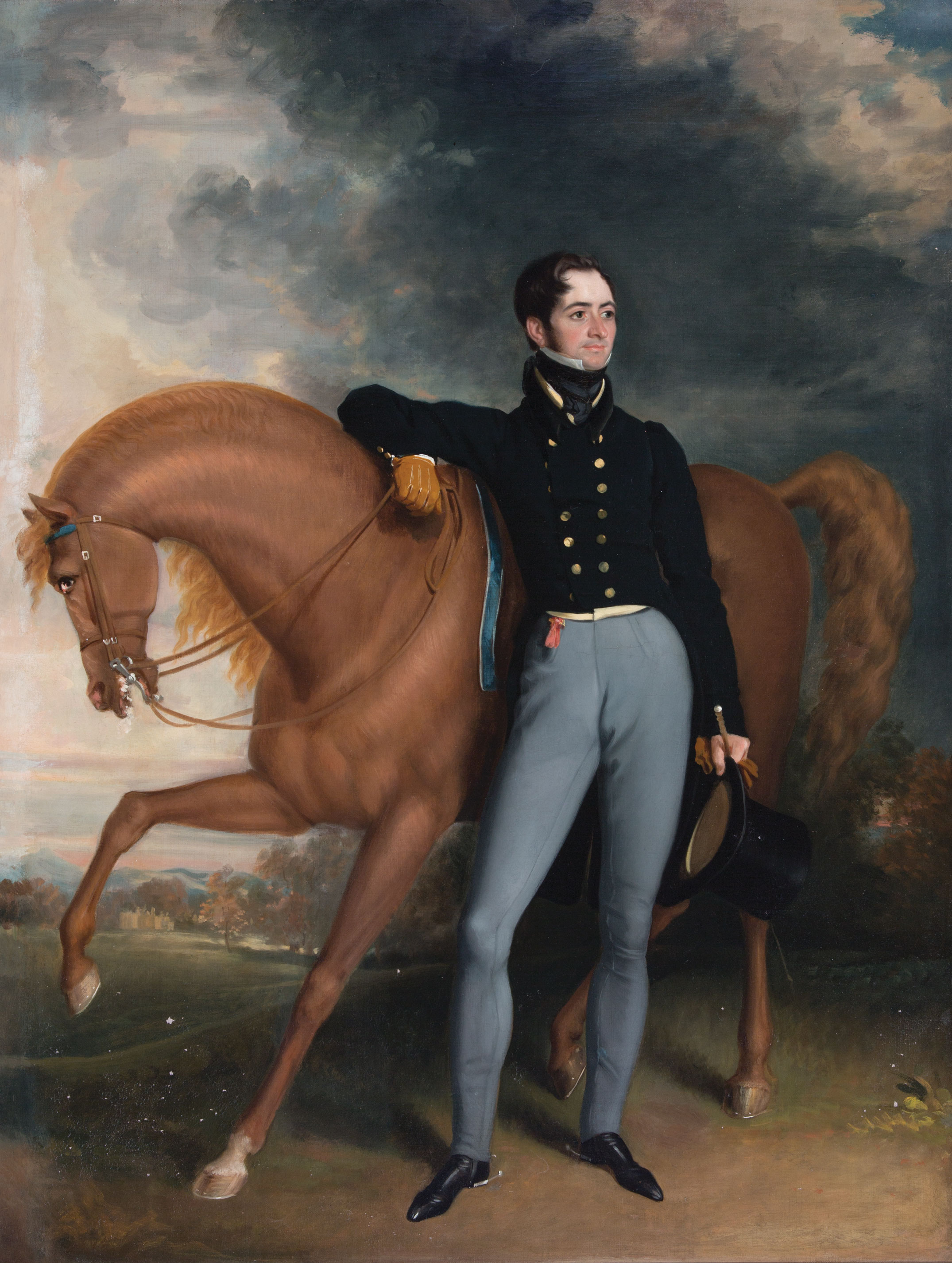 British School, 19th c ., "Portrait of a Gentleman with Horse", oil on canvas, unsigned, 35 in. x