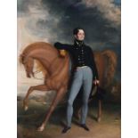 British School, 19th c ., "Portrait of a Gentleman with Horse", oil on canvas, unsigned, 35 in. x