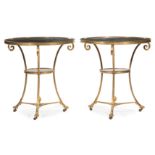 Pair of French Neoclassical Gilt Bronze and Black Marble Gueridons , inset fossilized marble top,
