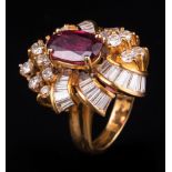 18 kt. Yellow Gold, Ruby and Diamond Ring , set with oval faceted ruby, approx. 1.8 ct., 15 full cut