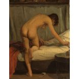 Continental School, early 20th c ., "Nude in the Bedroom", oil on panel, illegibly signed lower