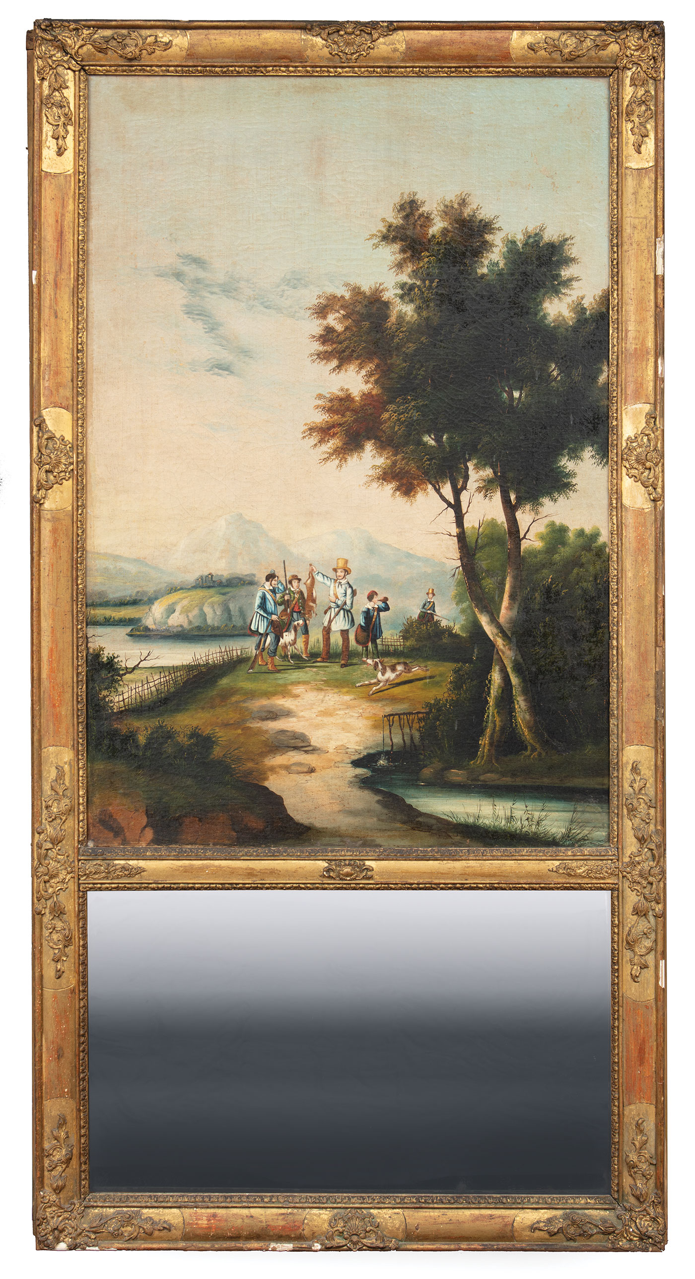 Louis Philippe Trumeau Mirror , c. 1840, gilt frame with cartouches, oil on canvas depicting hunters