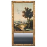 Louis Philippe Trumeau Mirror , c. 1840, gilt frame with cartouches, oil on canvas depicting hunters