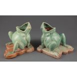 Pair of American Glazed Pottery Frog Vases , indistinct mark, h. 6 1/2 in., w. 5 1/4 in., d. 7 in