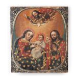 Latin American School, 19th c ., "Holy Family", gilt and tempera on panel, illegible stamp en verso,