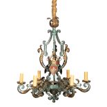 French Iron and Tole Peinte Six-Light Chandelier , c. 1900, scroll and leaf design, with
