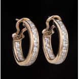 Pair of French Sterling SIlver Vermeil and Diamond Hoop Earrings , set with 34 princess cut diamonds