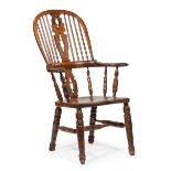 English Elm Hoop Back Windsor Chair, pierced splat, outswept arms, ring turned stretchers and