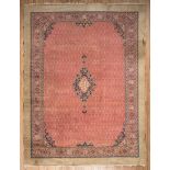 Persian Carpet , red ground, cartouche field, cream border, 10 ft. 4 in. x 14 ft. 2 in