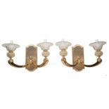 Pair of Murano Glass Two-Light Sconces , scroll arms, lobed urn-form glass, electrified, h. 11 1/2