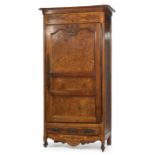 French Marquetry and Burlwood Bonnetiere , stepped, canted cornice, inlaid frieze, fluted stiles,