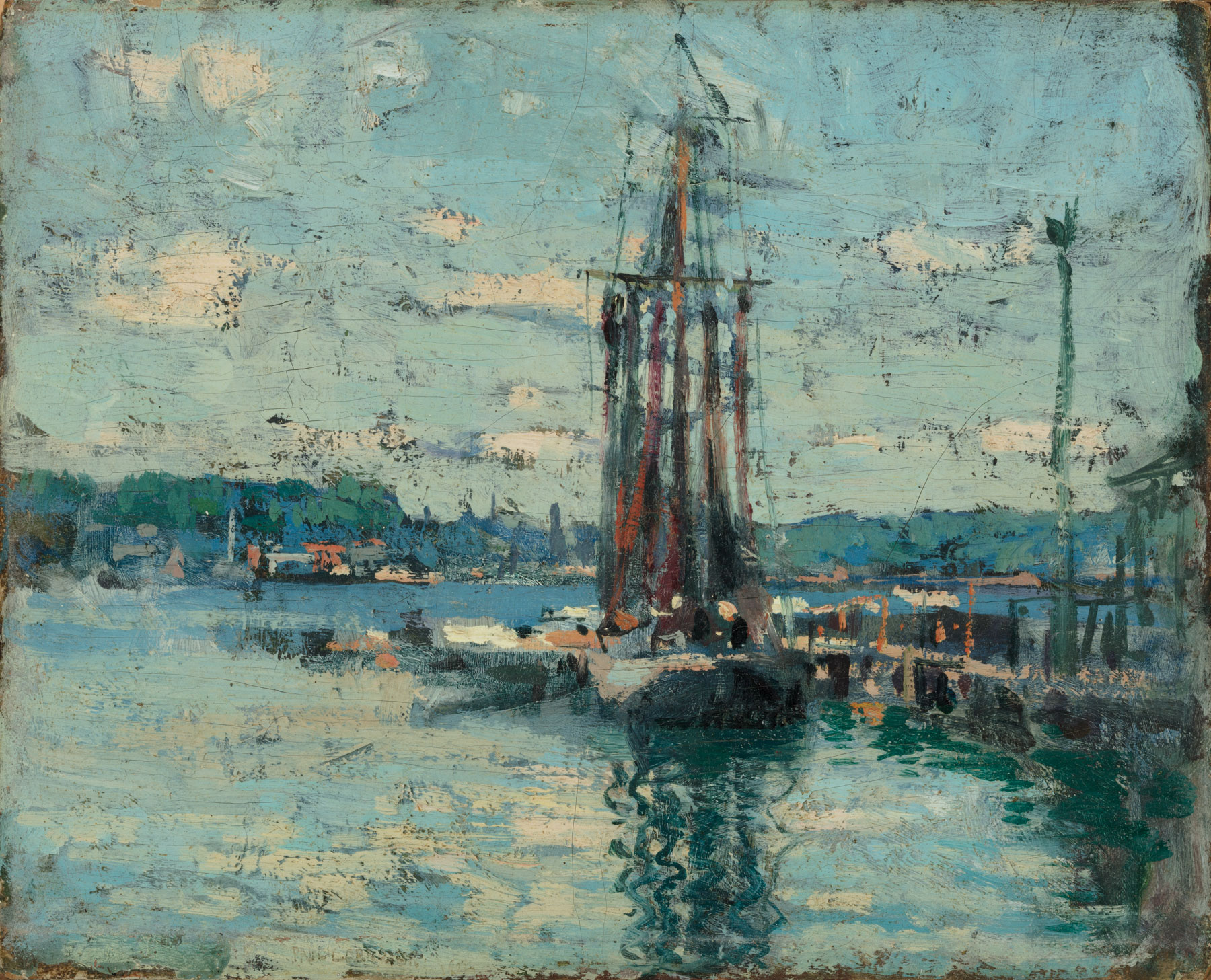 Paul Cornoyer (American/New York, 1864-1923), "A Corner of Gloucester Harbor", 1922, oil on board, - Image 2 of 5