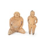 Two Pre-Columbian Clay Effigy Figures , before 1500 A.D., Mesoamerica, incl. one kneeling, with