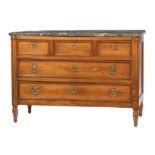 Louis XVI Cherrywood Commode , 19th c., shaped marble top, three molded small drawers, middle drawer