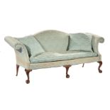 American Chippendale-Style Carved Mahogany Camelback Sofa , c. 1876, scrolled arms, foliate ball and