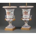 Pair of Chinese Export-Style Polychromed Porcelain Armorial Urns , 19th c., possibly Samson, h. 12
