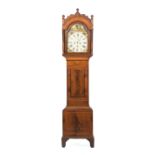 English Inlaid Mahogany Tall Case Clock , 19th c., dial painted with a riverscape and buildings,