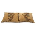 Pair of Fawn Linen Velvet Pillows with French Chenille and Metallic Applique ,(24 in. x 19 1/2 in.),