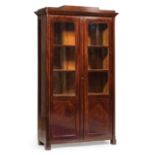 French Art Deco Mahogany Bibliotheque , c. 1930, stepped top, molded cornice, glazed doors and