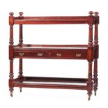 William IV Mahogany Trolley , lobed finials, three galleried tiers, medial drawers, blocked and