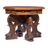 American Renaissance Walnut Octagonal Rent Table , frieze with eight faux drawers, acanthus carved