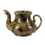 George Ohr Art Pottery Teapot , inverted lid, green glaze with speckles, mustard finish interior,