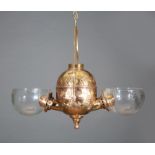 Pair of American Pressed Brass Kerosene Two-Light Chandeliers , c. 1880, Angle Manufacturing